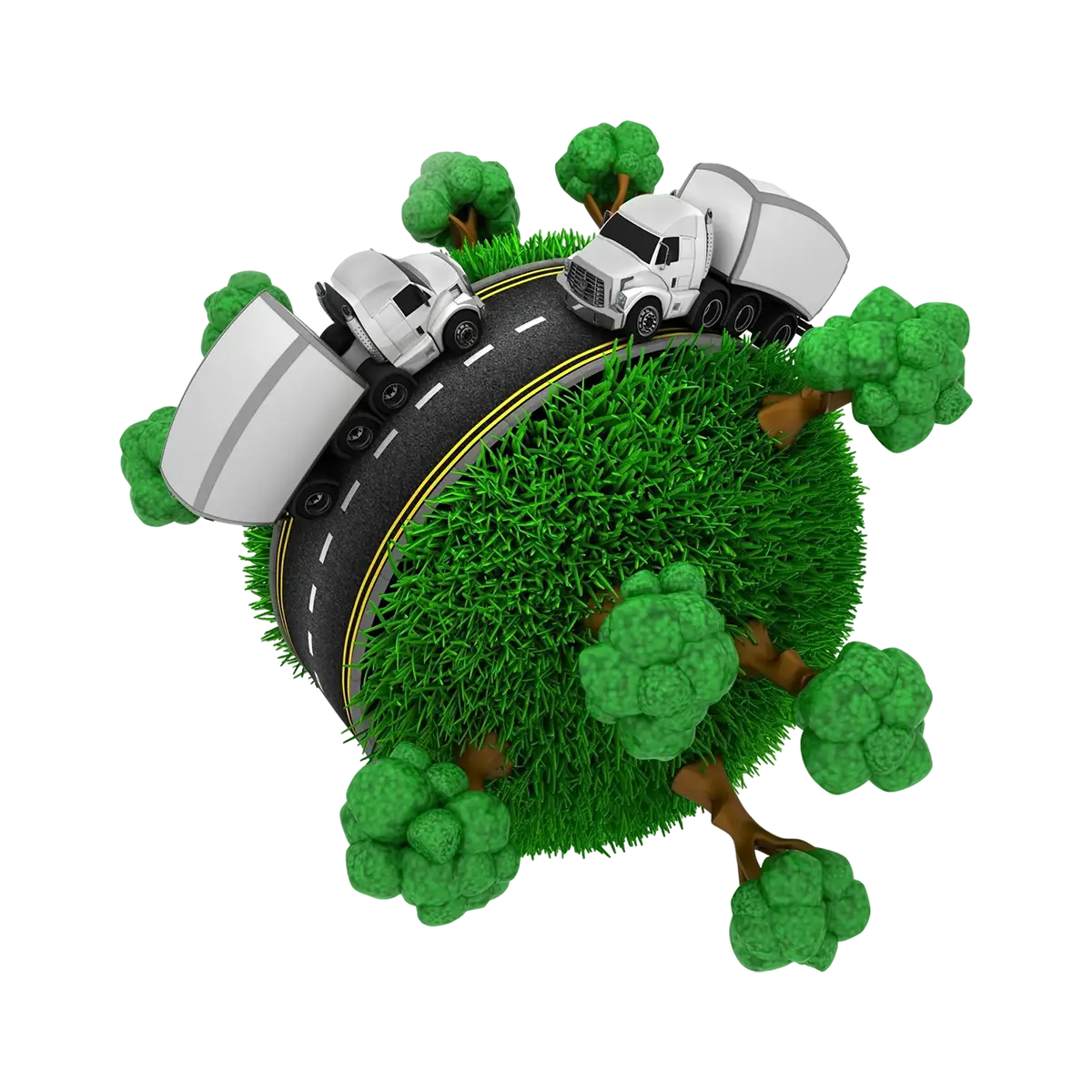 Une petite terre verte avec des camions roulant dessus